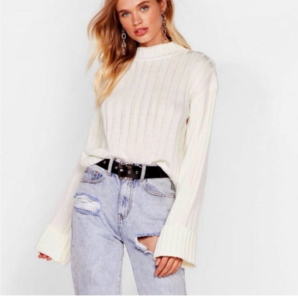 NWT Nasty Gal White Cream Mock TurtleNeck Chunky Rib Knit Sweater Small Medium